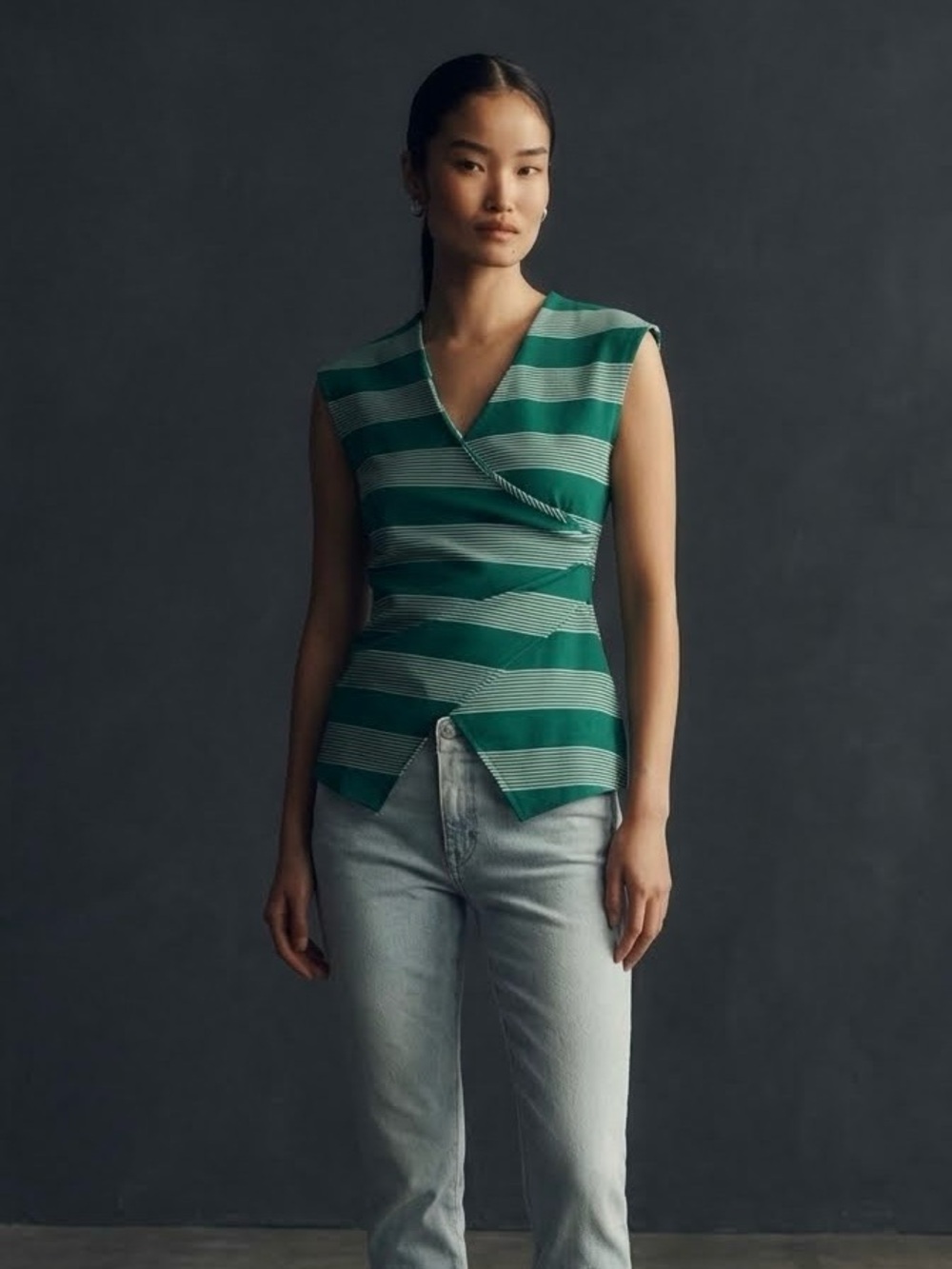 NWT Anthropologize Maeve Green White Striped Sleeveless V-Neck Wrap Top Small